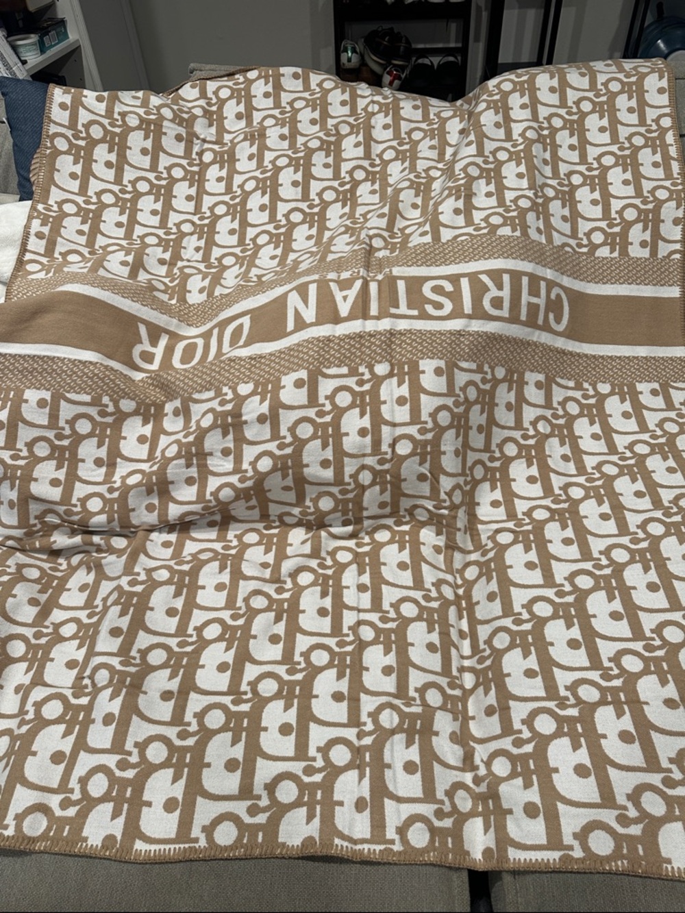 Beige and White Logo Jacquard Throw